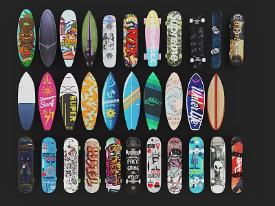 Colorful Sports Equipment Skateboards And Surfboards With Various Graphic Patterns And Designs 3d model