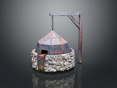 Traditional Outdoor Stone Built Stove With Rustic Metal Dome And Wooden Frame Chain 3d model