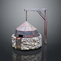 Traditional Outdoor Stone Built Stove With Rustic Metal Dome And Wooden Frame Chain