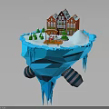 Red Building On Floating Iceberg Platform With Small Trees And Decorative Train