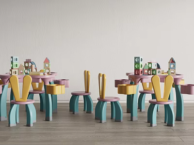 Colorful Children's Table Set with Matching Chairs and Wooden Toy Houses in Playroom 3d model