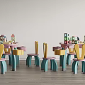 Colorful Children's Table Set with Matching Chairs and Wooden Toy Houses in Playroom