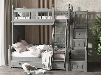 Gray Bunk Bed with Ladder Drawers Stuffed Toy Plant and Curtain in Cozy Kids Bedroom 3d model