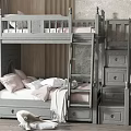 Gray Bunk Bed with Ladder Drawers Stuffed Toy Plant and Curtain in Cozy Kids Bedroom