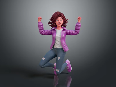 Vibrant Game Movie Character Jumping in Purple Jacket White Top Ripped Jeans and Pink Shoes 3d model