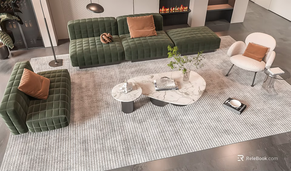 Modern Green Sofa Coffee Table Set with Marble Top Side Table and Decorative Pillows 3d model
