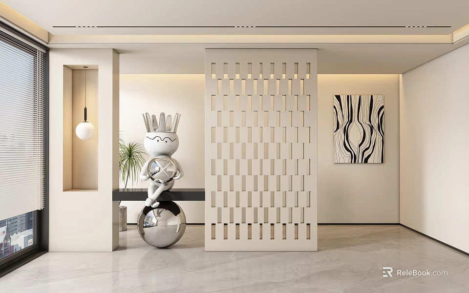 Modern Minimalist Foyer Hallway With Art Sculpture Lattice Screen And Abstract Painting 3d model 