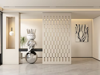 Modern Minimalist Foyer Hallway With Art Sculpture Lattice Screen And Abstract Painting 3d model