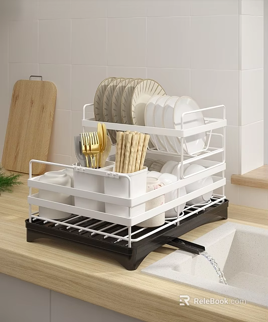 White 2 Tier Dish Rack Organizes Dishes Utensils On Kitchen Counter 3d model 