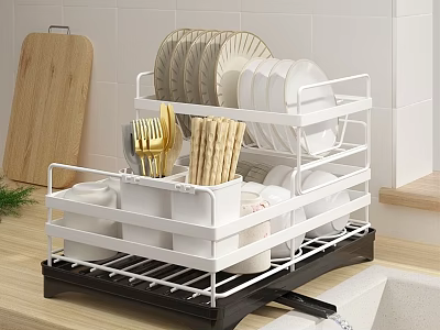 White 2 Tier Dish Rack Organizes Dishes Utensils On Kitchen Counter 3d model