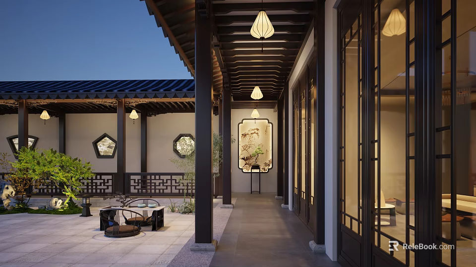 Ancient Chinese Architecture Courtyard Corridor With Hanging Lanterns Decorative Paintings And Green Plants 3d model 