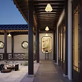 Ancient Chinese Architecture Courtyard Corridor With Hanging Lanterns Decorative Paintings And Green Plants