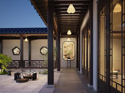 Ancient Chinese Architecture Courtyard Corridor With Hanging Lanterns Decorative Paintings And Green Plants 3d model