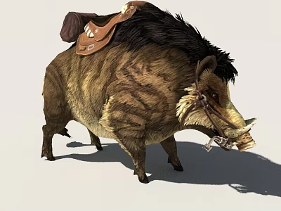 Brown Fur Wild Boar With Leather Saddle And Bridle For Riding 3d model
