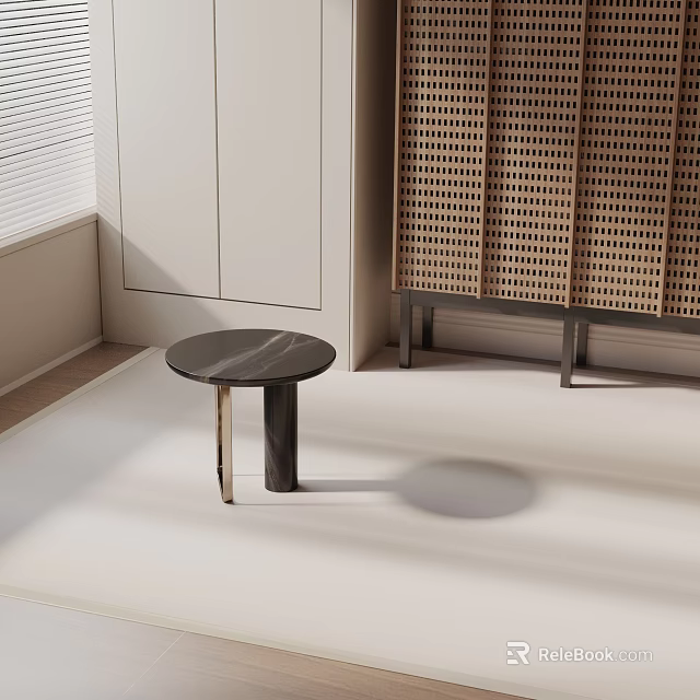 Modern Round Marble Side Table With Dark Legs Near White Cabinet And Perforated Panel 3d model 