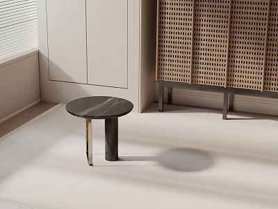 Modern Round Marble Side Table With Dark Legs Near White Cabinet And Perforated Panel 3d model