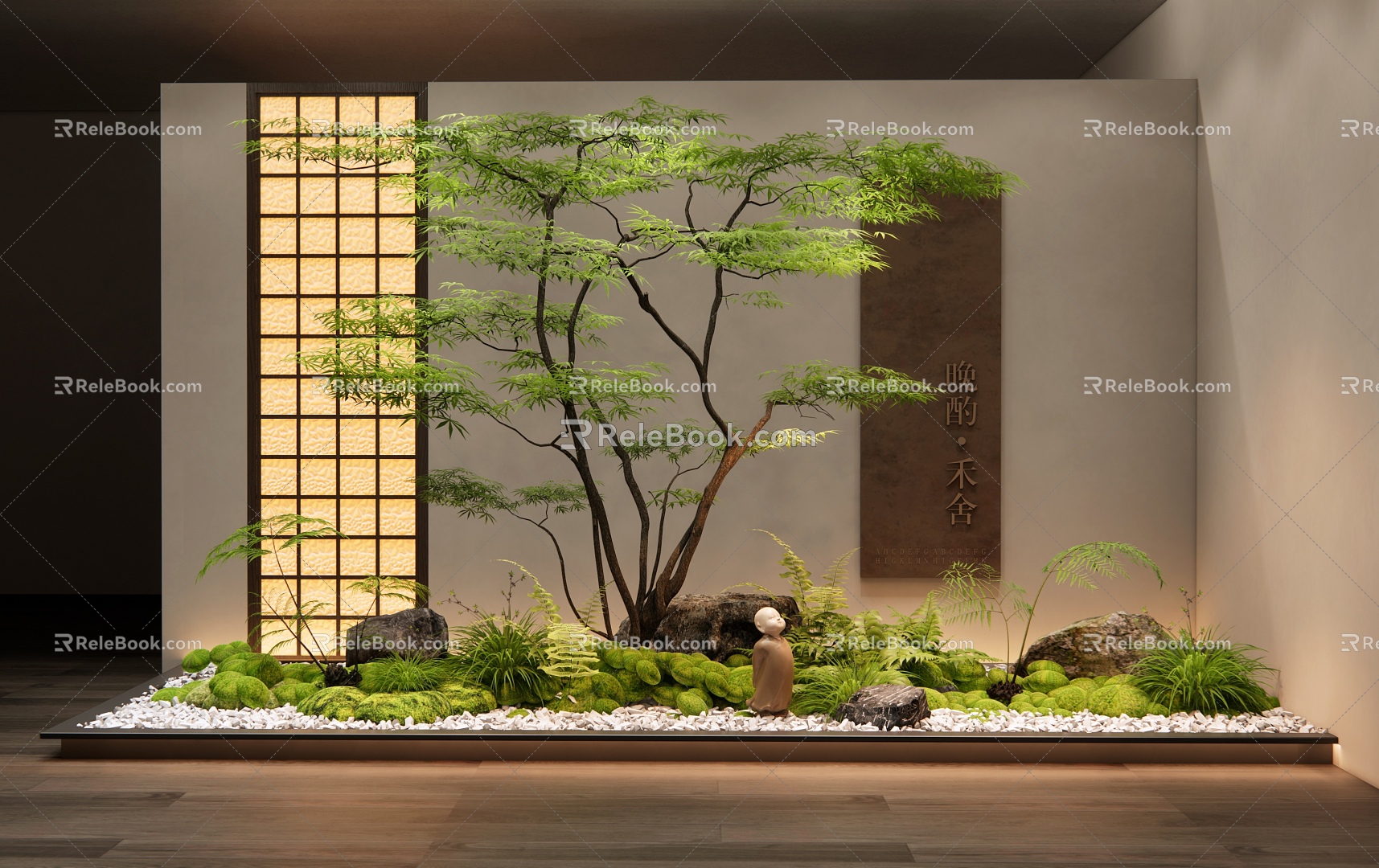 New Chinese Style Entrance Indoor Landscape Landscape Courtyard Sits Plant Landscape Moss Green Plant Maple Fern 3d model