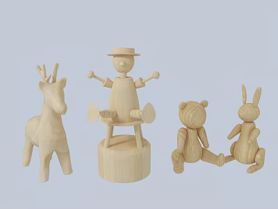 Wooden Ornament Decoration Set With Deer Human Figure Bear And Rabbit 3d model