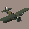 Vintage Green Biplane Fighter Plane Flying With Propeller In Blue Sky