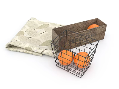 Metal Mesh and Brown Storage Baskets with Oranges and Leaf Patterned Cloth 3d model