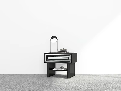 Black Modern Nightstand With Table Lamp And Decorative Items On Gray Carpet 3d model