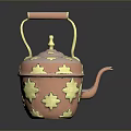 Elegant Copper Teapot With Gold Floral Patterns And Wooden Handle