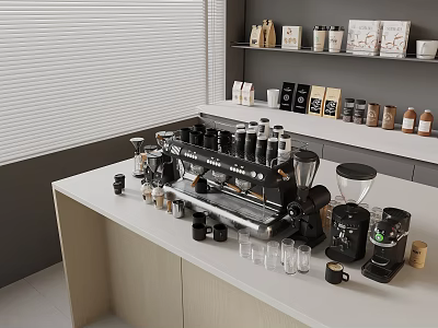 Smart Coffee Machine With Coffee Beans Cups On Countertop And Shelves In Modern Cafe 3d model