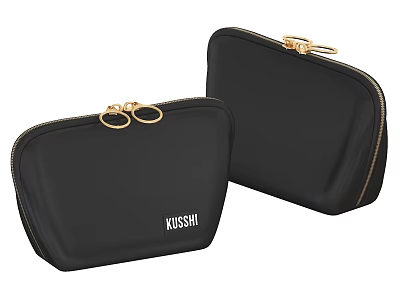 Two KUSSHI Black Pouches With Gold Metal Clasps And Brand Logo 3d model Two KUSSHI Black Pouches With Gold Metal Clasps And Brand Logo 3d model
