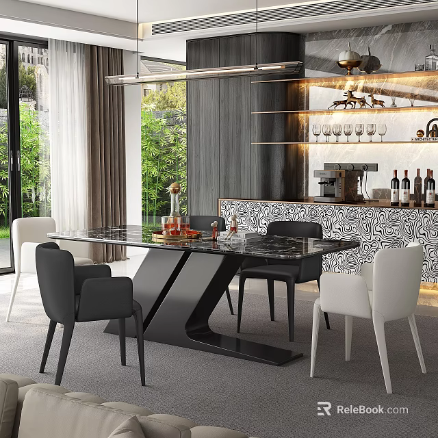 Elegant Modern Restaurant With Marble Dining Table Black White Chairs Large Windows Greenery And Bar 3d model 