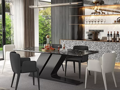 Elegant Modern Restaurant With Marble Dining Table Black White Chairs Large Windows Greenery And Bar 3d model