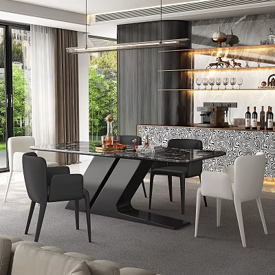 Elegant Modern Restaurant With Marble Dining Table Black White Chairs Large Windows Greenery And Bar 3d model