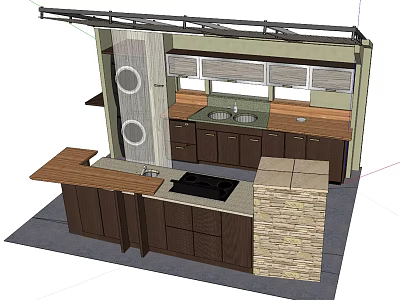 Wooden Kitchen Cabinets With Countertop Sink Stove And Stone Wall Design 3d model