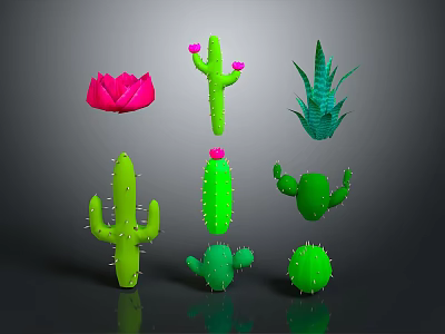 Cartoon Cactus Scene With Spiky Green Shapes And Pink Flower Elements 3d model