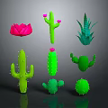 Cartoon Cactus Scene With Spiky Green Shapes And Pink Flower Elements