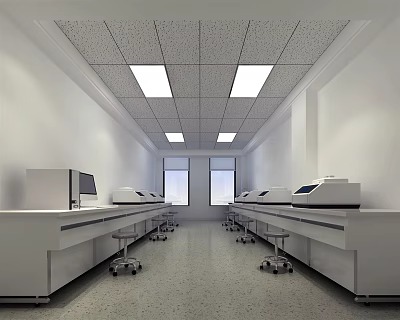 Spacious Modern Laboratory With White Lab Benches Equipment Windows And Bright Lighting 3d model