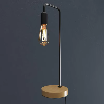 Modern Table Lamp With Black Metal Pole And Wooden Base Featuring Vintage Filament Bulb 3d model