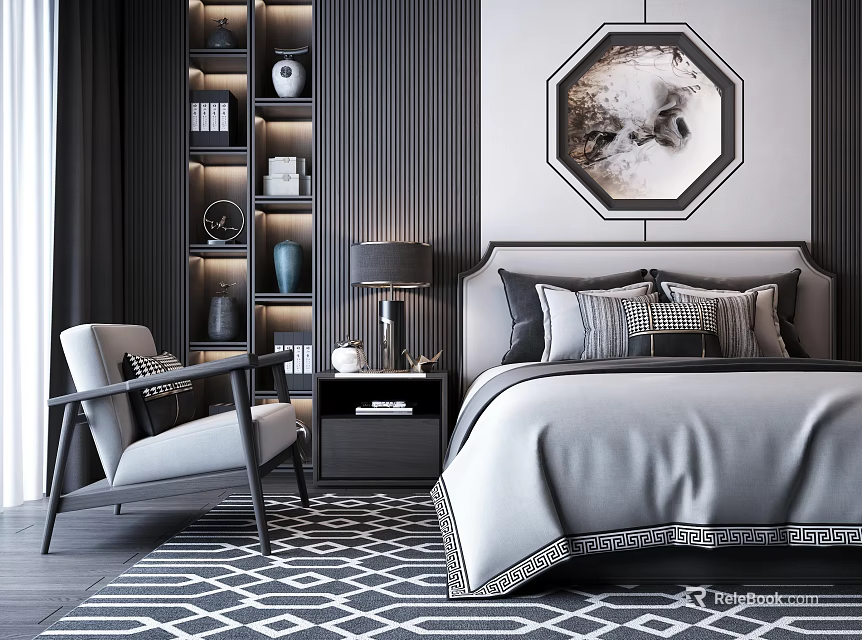 Elegant Modern Bedroom Background Double Bed With Nightstand Table Lamp And Geometric Rug 3d model 