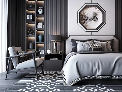 Elegant Modern Bedroom Background Double Bed With Nightstand Table Lamp And Geometric Rug 3d model