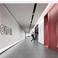 Modern Elevator Hallway With White And Red Walls HOIDER Letters Geometric Patterns And Person Walking