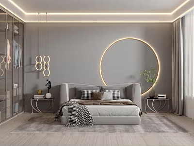 Modern Bedroom Interior Design With Grey Bed Circular Decorative Light Nightstands And Green Plant 3d model