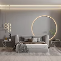 Modern Bedroom Interior Design With Grey Bed Circular Decorative Light Nightstands And Green Plant