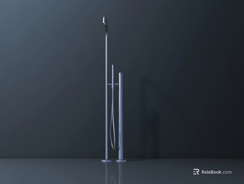 Silver Shower Faucet Featuring Tall Pole Handheld Sprayer and Smooth Floor Reflection in Dark Background 3d model 