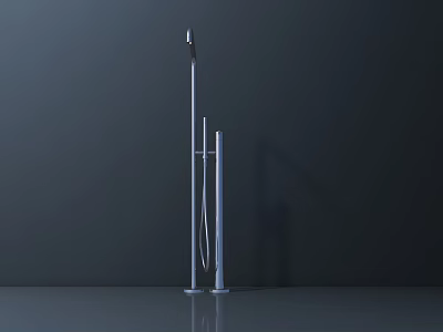 Silver Shower Faucet Featuring Tall Pole Handheld Sprayer and Smooth Floor Reflection in Dark Background 3d model