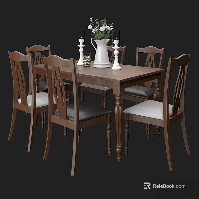 Wooden Dining Table And Chairs Set With Decorative Vase Flowers And Candles On Table 3d model 