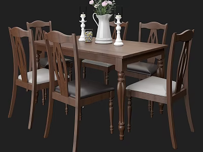 Wooden Dining Table And Chairs Set With Decorative Vase Flowers And Candles On Table 3d model