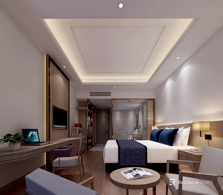 Modern Hotel Guest Room With Large Bed Blue Bedding TV Desk And Round Table 3d model 