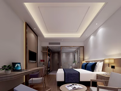 Modern Hotel Guest Room With Large Bed Blue Bedding TV Desk And Round Table 3d model
