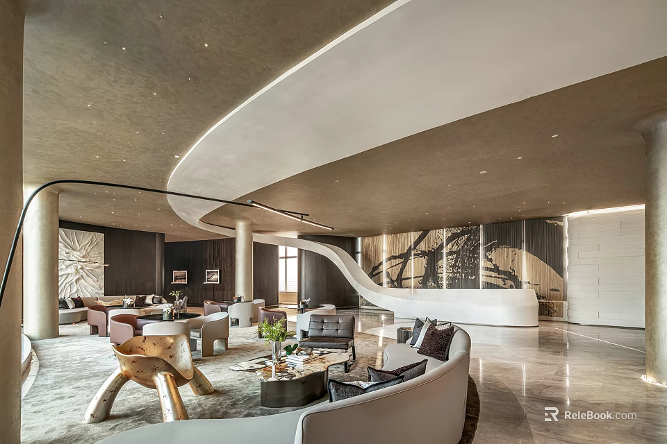 Elegant Hotel Lobby Interior With Curved Ceiling Sofas Artwork And Marble Flooring 3d model 