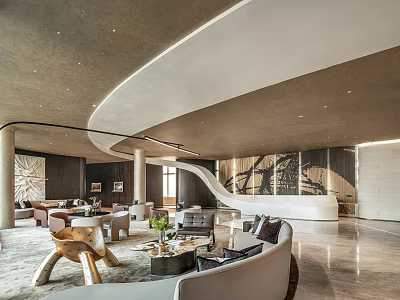 Elegant Hotel Lobby Interior With Curved Ceiling Sofas Artwork And Marble Flooring 3d model