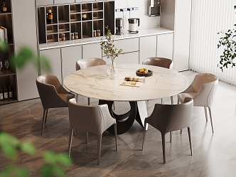 Marble Dining Table and Chair Combination Light Luxury Dining Room Round Dining Table Rock Board Dining Table Leather Dining Chair Six-person Cabinet Wine Cabinet Kitchen Supplies Vase 3d model